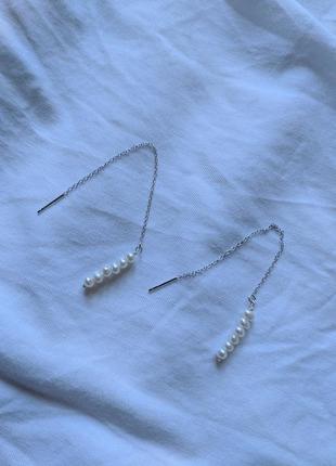 Серебряные серёжки- подвески, жемчужные серёжки- подвески, серьги с жемчугом