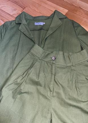 Льняной летний костюм оливкового цвета пиджак+шорты4 фото