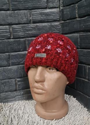 Зимняя вязаная женская красная шапка  kif сос. 50% шерсть 50% акрил 29325