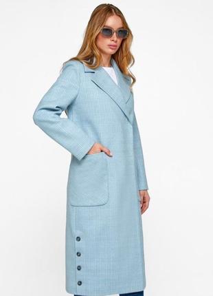 Пальто женское миди шерстяное демисезонное осеннее весеннее, голубое в клетку, на кнопках