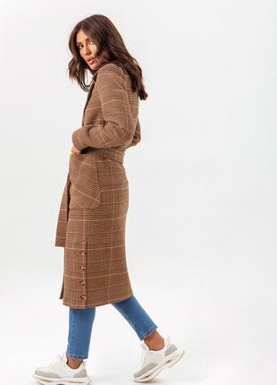 Пальто женское миди шерстяное демисезонное осеннее весеннее, кофейное в клетку, на кнопках5 фото