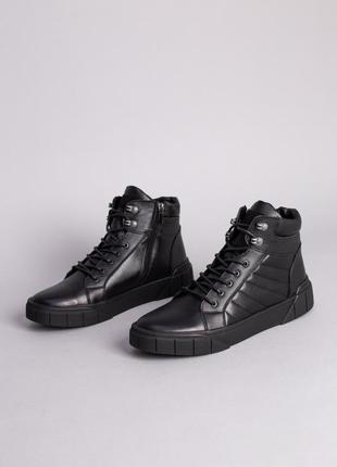 Ботинки кеды мужские кожаные черного цвета зимние3 фото