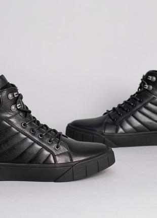 Ботинки кеды мужские кожаные черного цвета зимние4 фото