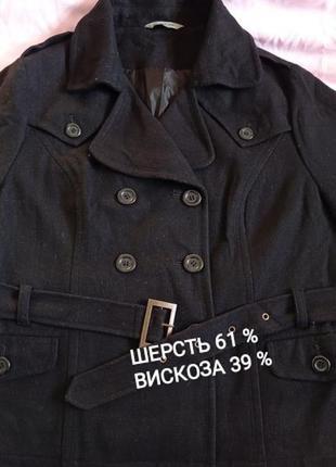 Шерстяное двухбортное демисезонное черное пальто пиджак с поясом debenhams вовна вовняне