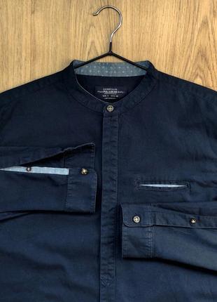 Тёмно-синяя хлопковая рубашка с воротником-стойкой/ "мандарин"6 фото