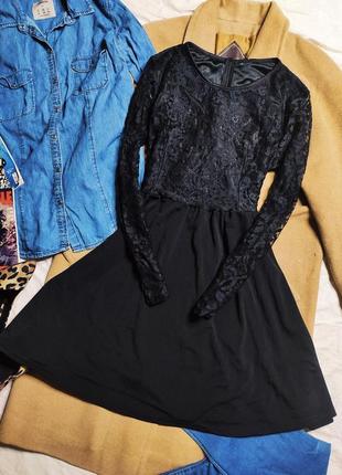 Платье чёрное гипюр кружево классическое свободная юбка длинный рукав1 фото