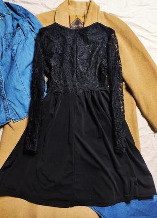 Платье чёрное гипюр кружево классическое свободная юбка длинный рукав3 фото