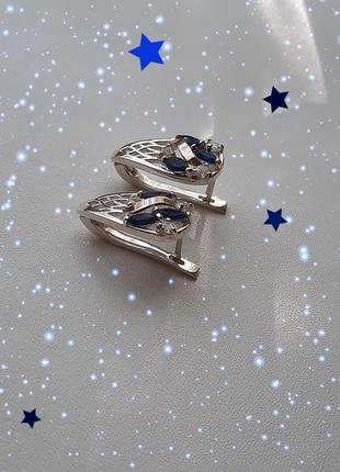 🛍 серьги серебро с золотом фианит синий3 фото