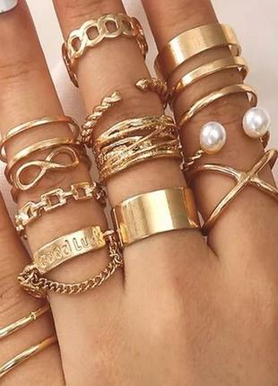 Набор колец 14 шт, колечек бижутерия, аксессуары золото