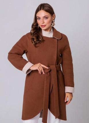 Пальто женское, демисезонное, осеннее, весеннее, двухцветное, кашемировое, дизайнерское, коньяк, 444 фото