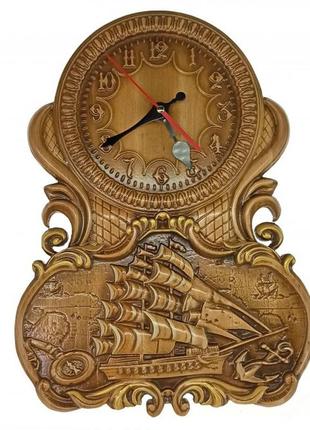 Панно деревянное, резное "часы с парусником", (40*29*2,2), ручная роспись эмалями, покрыто патиной