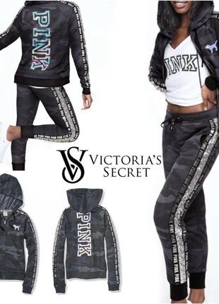 Сірий спортивний костюм камуфляжний на флісі pink victoria's secret худі джоггеры костюм флісовий