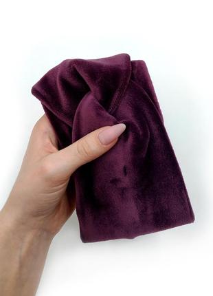 Повязка чалма для волос фиолетовая бархатная на зиму/осень., женская повязка на голову цвет баклажан 54-56 р.3 фото