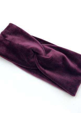 Повязка чалма для волос фиолетовая бархатная на зиму/осень., женская повязка на голову цвет баклажан 54-56 р.2 фото