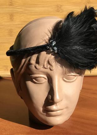 Обруч для волос ободок на голову с перьями бархат бисер1 фото