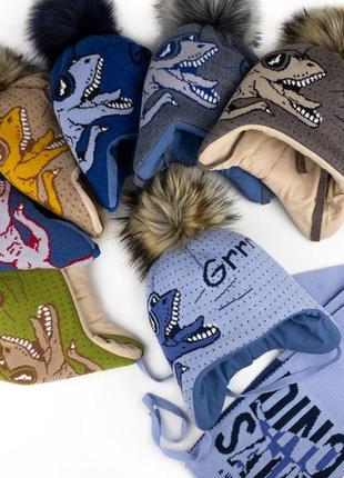Шапка и шарф комплект зимний мальчикам принт динозавр2 фото