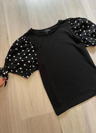 Черный натуральный топ блузка футболка в горошек чорна натуральна блуза з обємними рукавами в горох2 фото