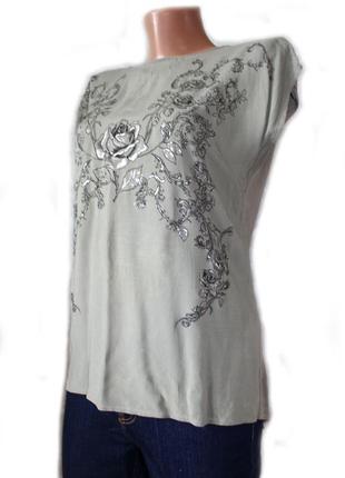 Блуза футболка хаки с красивенным принтом розы, турция, m2 фото