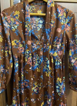 Платье коричневое в цветочный принт zara2 фото