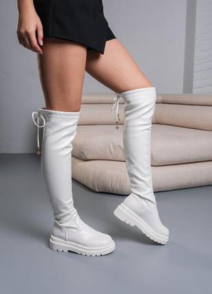 Стильні чоботи,ботфорти жіночі білі на плоскій подошві,на шнуровці позаду,на флісі демісезонні,демі,осінні,весняні