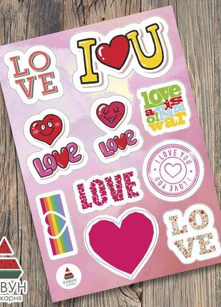 Стикерпак з романтичними наклейками "love. друк i love you. серце. серця. love you" 3шт1 фото