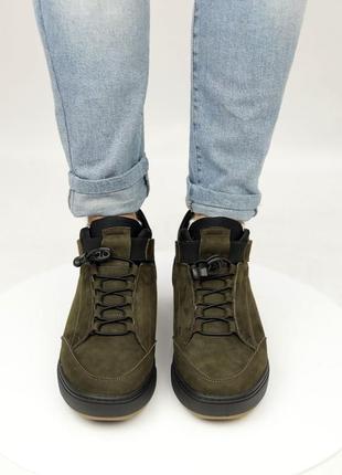 Стильные кроссовки,спортивные ботинки мужские кожаные хаки зимние кожа мех (зима 2022-2023)3 фото