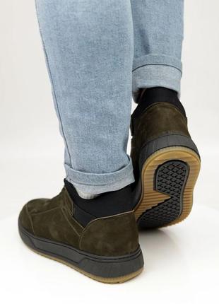 Стильные кроссовки,спортивные ботинки мужские кожаные хаки зимние кожа мех (зима 2022-2023)6 фото