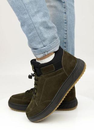 Стильные кроссовки,спортивные ботинки мужские кожаные хаки зимние кожа мех (зима 2022-2023)4 фото