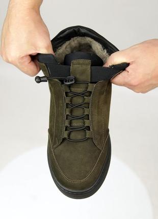 Стильные кроссовки,спортивные ботинки мужские кожаные хаки зимние кожа мех (зима 2022-2023)5 фото