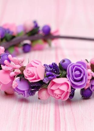 Обруч ободок з квітами рожево-фіолетовий