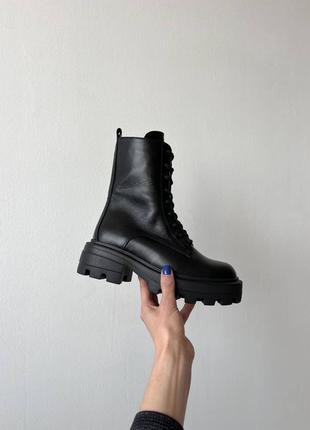 Кожаные милитари ботинки сапоги зимние на байке с квадратной подошвой массивные высокие2 фото