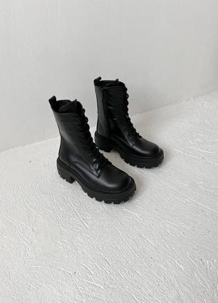 Кожаные милитари ботинки сапоги зимние на байке с квадратной подошвой массивные высокие4 фото