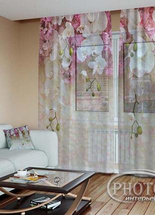 Фото тюль "ламбрекени з білих орхідей", висота - 2,70 м, ширина - 2,28 м (2 полотна по 1,14), тасьма