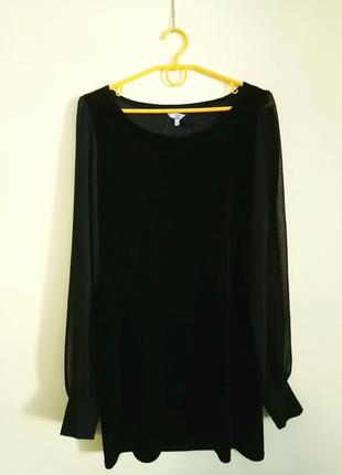 Чорна коротка оксамитова сукня з прозорими рукавами new look