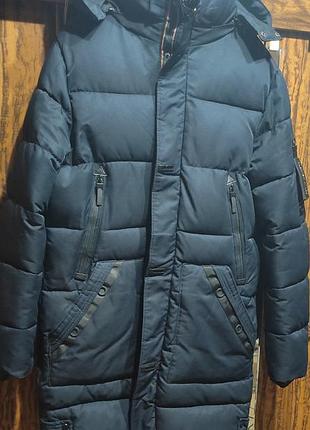 Мужской пуховик удлиненный куртка зимняя синий, s-m
