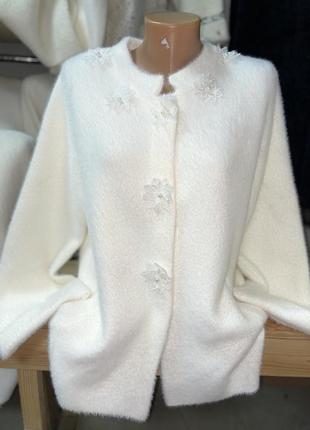 Кофта альпака жіноча принтована мереживом та жемчугом та рукавом три чверті, розмір 46-50