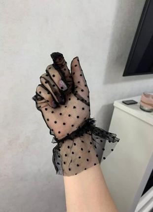 Перчатки рукавички черные фатин прозрачные сетка горох