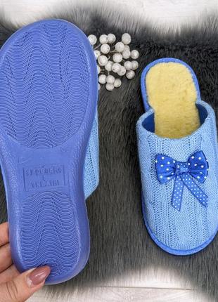 Тапочки домашние женские белста голубые с закрытым носком вязка бант5 фото