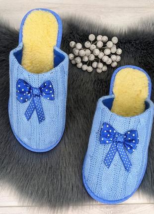 Тапочки домашние женские белста голубые с закрытым носком вязка бант4 фото