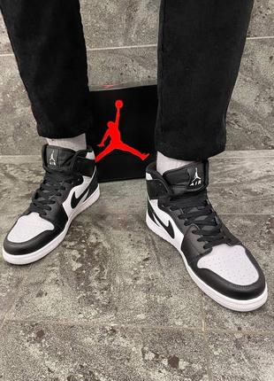 Мужские высокие кожаные кроссовки nike air jordan 1 black / gray (кожа)#найк7 фото