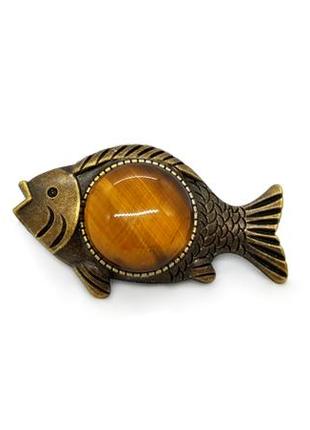 🐟✨ брошь "рыба" в винтажном стиле натуральный камень тигровый глаз1 фото