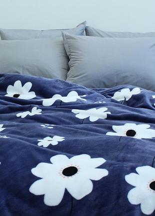 Плед двоспальний м'який синій з квітами велсофт (мікрофібра) alm19133 фото