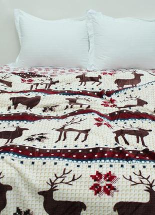 Новорічне двоспальне покривало-плед на ліжко та диван з оленями vl-fl74072 фото
