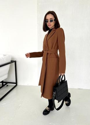 Шикарне класичне жіноче довге кашемірове пальто з поясом7 фото