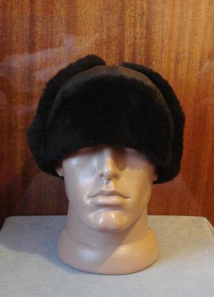 Шкіряна шапка-вушанка з натуральним хутром rommani