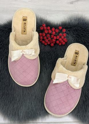 Тапочки женские домашние белста с закрытым носком розовые с бежевой опушкой2 фото