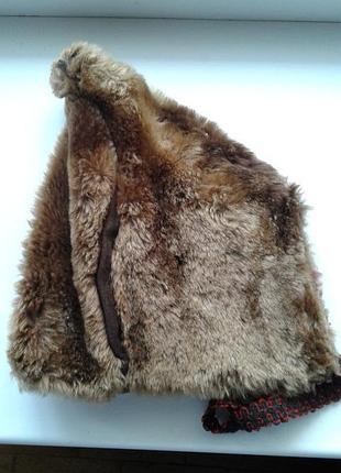 Шапочка зимняя детская с завязками цигейковая натуральный мех винтажная коричневая