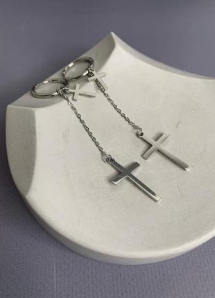 Сережки з хрестиками колір срібло, сережки з підвіскою хрест довгі медсплав xuping висюльки