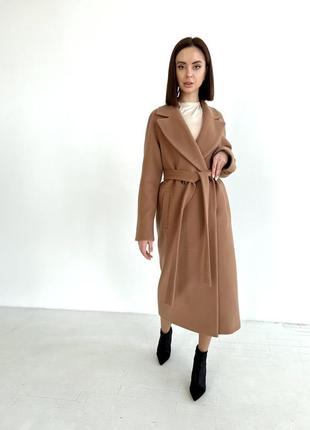 Зимнее длинное женское кашемировое премиальное пальто цвета кемел