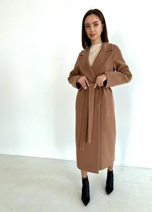 Зимнее длинное женское кашемировое премиальное пальто цвета кемел2 фото